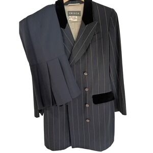Crisca Vintage Wool Pinstripe Skirt Suit Navy Blue Velvet Trim Made  Germany 40
